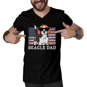 Mens Beagle Dad American Flag 4Th Of July Patriotic Gift Idea Men V-Neck Tshirt - Seseable