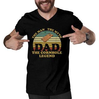Mens Fathers Day Funny Vintage Dad Man Myth Cornhole Legend Men V-Neck Tshirt - Seseable