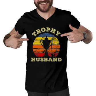 Mens Funny Husband Dad Vintage Retro Sunset Trophy Fathers Day Men V-Neck Tshirt - Seseable