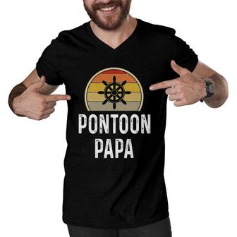 Mens Funny Pontoon Papa Boat Owner Gifts Grandpa Dad Retro Men V-Neck Tshirt - Seseable