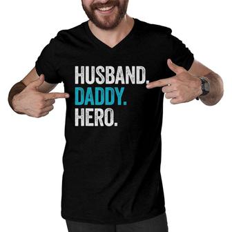 Mens Husband Daddy Hero Dad Fathers Day Gift Men V-Neck Tshirt - Seseable