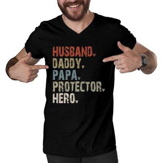 Mens Husband - Daddy - Papa - Protector - Hero Men V-Neck Tshirt - Seseable