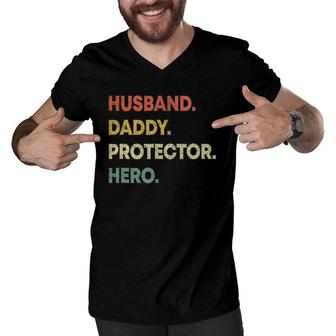 Mens Husband Daddy Protector Hero Dad Fathers Day Men V-Neck Tshirt - Seseable