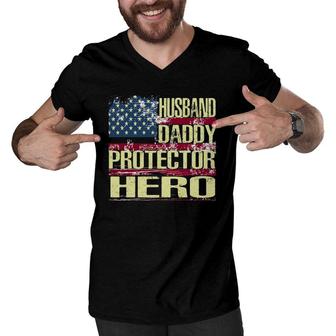 Mens Husband Daddy Protector Hero Fathers Day Gift Men V-Neck Tshirt - Seseable