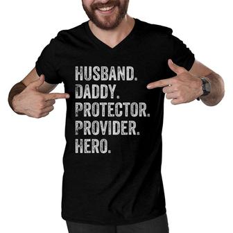 Mens Husband Daddy Protector Provider Hero Men V-Neck Tshirt - Seseable