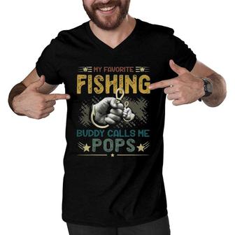 Mens Mens My Favorite Fishing Buddy Calls Me Pops Fathers Day Men V-Neck Tshirt - Seseable