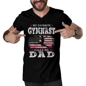 Mens My Favorite Gymnast Calls Me Dad Usa Flag Fathers Day Men V-Neck Tshirt - Seseable