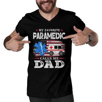 Mens My Favorite Paramedic Calls Me Dad Usa Flag Dad Father Gift Men V-Neck Tshirt - Seseable