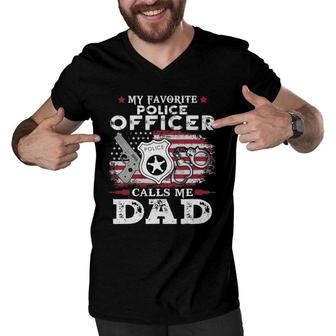 Mens My Favorite Police Officer Calls Me Dad Usa Flag Father Men V-Neck Tshirt - Seseable