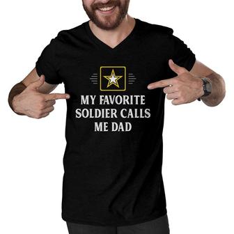 Mens My Favorite Soldier Calls Me Dad Vintage Style Men V-Neck Tshirt - Seseable