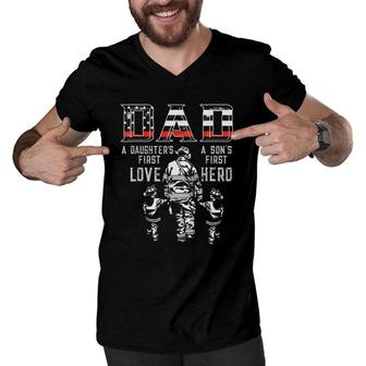 Mens Oxbd Dad Daughter Love Son Hero Fireman Dad Fathers Day Men V-Neck Tshirt - Seseable