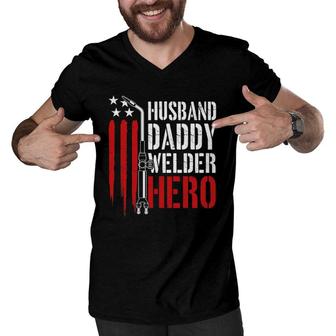 Mens Proud Welding Husband Daddy Welder Hero Weld Fathers Day Men V-Neck Tshirt - Seseable