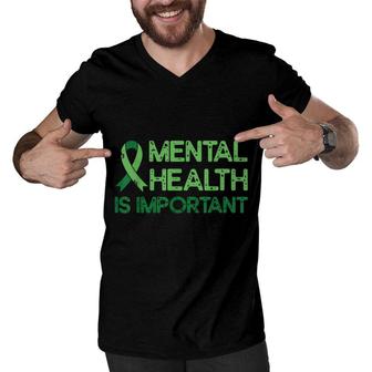 Mental Health Green Ribbon Anxiety Mental Health Awareness Men V-Neck Tshirt - Seseable