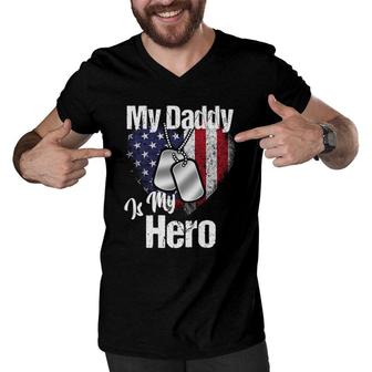 My Daddy Is My Hero Military Dog Tags Usa Flag Heart Men V-Neck Tshirt | Mazezy