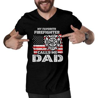My Favorite Firefighter Calls Me Dad Usa Flag Father Gift Men V-Neck Tshirt - Seseable