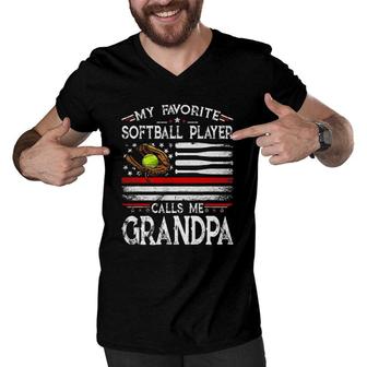 My Favorite Softball Player Calls Me Grandpa American Flag Men V-Neck Tshirt - Seseable