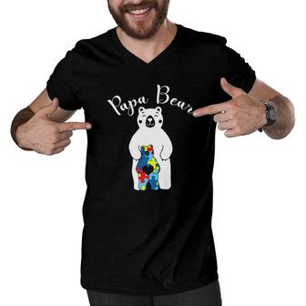 Papa Bear Autism Awareness Gift For Dad Father Men V-Neck Tshirt - Monsterry