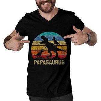 Papa Dinosaur T Rex Papasaurus 2 Kids Family Matching Men V-Neck Tshirt - Seseable