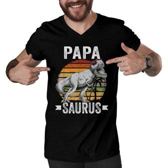 Papa Saurus Dinosaur Papasaurus Family Matching T Rex Men V-Neck Tshirt - Seseable