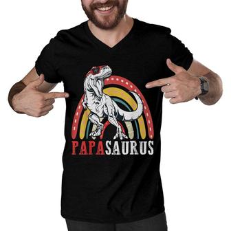 Papasaurus T Rex Funny Rainbow Papa Saurus Family Matching Men V-Neck Tshirt - Seseable