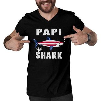 Papi Shark American Usa Flag Fathers Day Gifts For Dad Men V-Neck Tshirt - Seseable