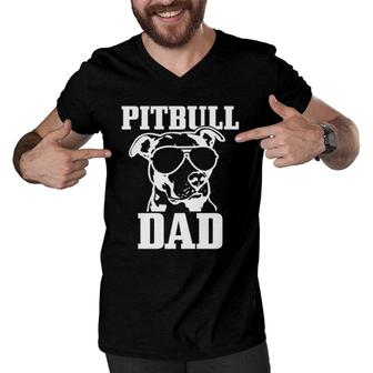 Pitbull Dad Funny Dog Pitbull Sunglasses Fathers Day Pitbull Men V-Neck Tshirt - Seseable