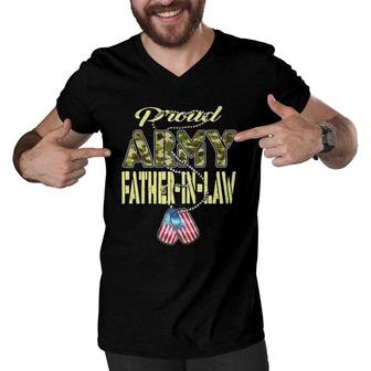 Proud Army Father-In-Law Us Flag Dog Tag Military Dad-In-Law Men V-Neck Tshirt - Seseable