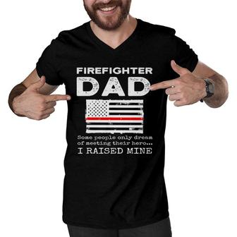 Proud Firefighter Dad Fireman Father American Flag Men V-Neck Tshirt - Seseable
