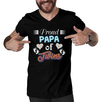 Proud Papa Of Twins Father Day Heart Footprint Dad Daddy Men V-Neck Tshirt - Seseable