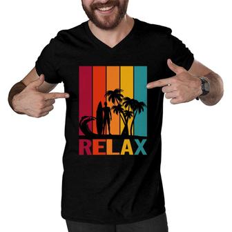 Relax Beach Surfing Palm Trees Sunset Great Men V-Neck Tshirt - Seseable