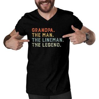 Retro Grandpa The Man Lineman Legend Father Day Lineman Gift Men V-Neck Tshirt - Seseable