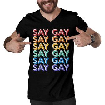Retro Say Gay Vintage Rainbow Lgbtq Pride Florida Say Gay Men V-Neck Tshirt - Seseable
