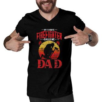 Retro Style My Favorite Firefighter Calls Me Dad Fathers Day Men V-Neck Tshirt - Seseable