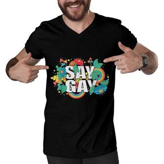 Say Gay Rainbow Vintage Floral Stay Proud Lgbtq Gay Rights Men V-Neck Tshirt - Seseable