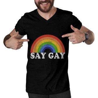Say Gay Vintage Rainbow Gay Pride Lgbt Month Men V-Neck Tshirt - Seseable