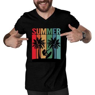 Summer Surfer Palm Trees Beach Retro Sunset Black Men V-Neck Tshirt - Seseable