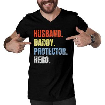 Vintage Husband Daddy Protector Hero Fathers Day Men V-Neck Tshirt - Seseable