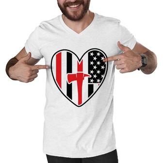 Firefighter Usa Flag Red Heart Gift For Firefighter Men V-Neck Tshirt - Seseable