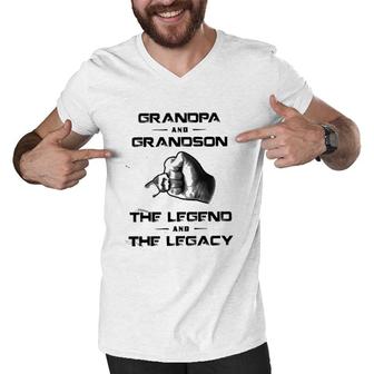 Grandpa And Grandson The Legend And The Legacy Funny New Letters Men V-Neck Tshirt - Seseable