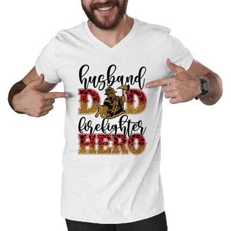 Husband Dad Firefighter Hero Job Title Funny Gift Men V-Neck Tshirt - Seseable