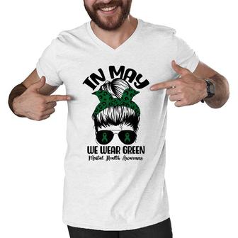Messy Bun In May We Wear Green Mental Health Awareness Month Men V-Neck Tshirt - Seseable