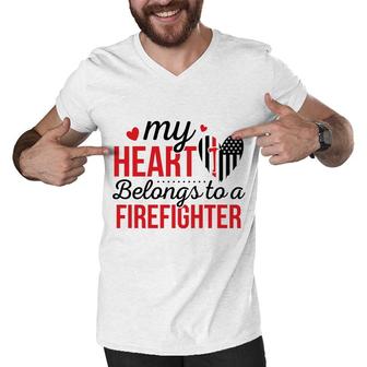 My Heart Belongs To A Firefighter Red Black Men V-Neck Tshirt - Seseable