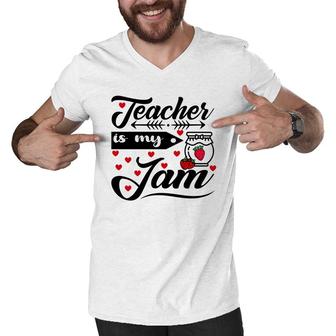 Teacher Is My Jam Red Heart Great Graphic Men V-Neck Tshirt - Seseable