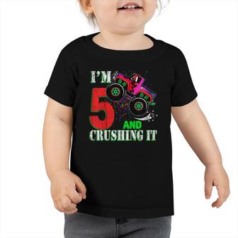 Kids 5 Year Old Girl 5Th Birthday Monster Truck Boy Crushing It Toddler Tshirt - Seseable