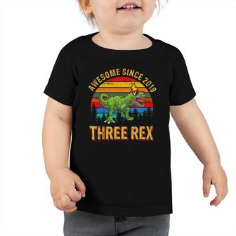 Kids Awesome Since 2019 Three Rex Birthday Dinosaur 3 Year Old Toddler Tshirt - Seseable