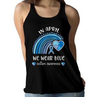 In April We Wear Blue Autism Awareness Month Rainbow Puzzle Women Flowy Tank - Seseable