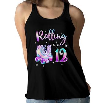 Kids 12 Years Old Birthday Girl Rolling Into 12Th Bday Theme Women Flowy Tank - Seseable