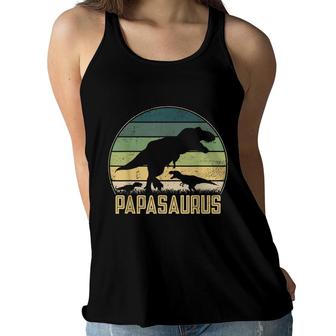 Papasaurus 2 Kids Vintage Retro Sunset Funny Dad Dinosaur Women Flowy Tank - Seseable