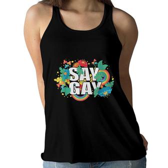 Say Gay Rainbow Vintage Floral Stay Proud Lgbtq Gay Rights Women Flowy Tank - Seseable
