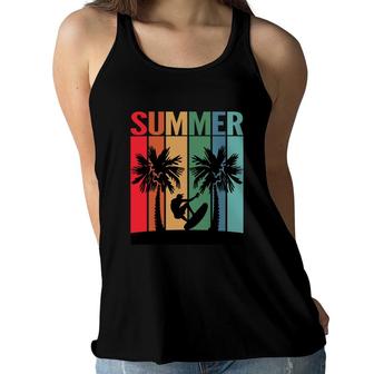 Summer Surfer Palm Trees Beach Retro Sunset Black Women Flowy Tank - Seseable